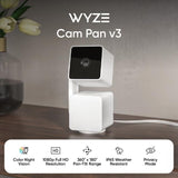WYZE Cam Pan v3, Câmera de segurança Wi-Fi inteligente para casa, interna/externa com classificação IP65, 1080p, panorâmica/inclinação/zoom, com visão noturna colorida, áudio bidirecional, compatível com Alexa e Google Assistant